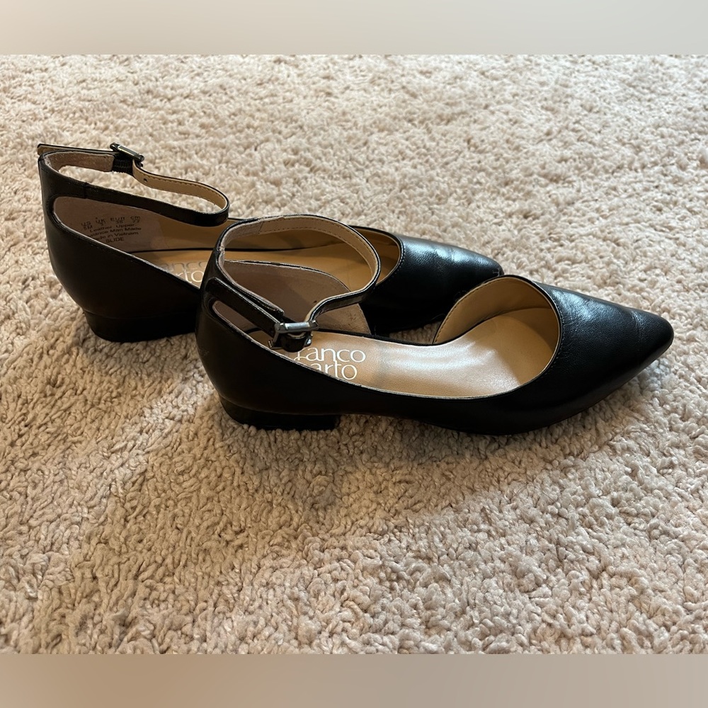 Franco Sarto strappy black leather flats, worn once. Size 5.